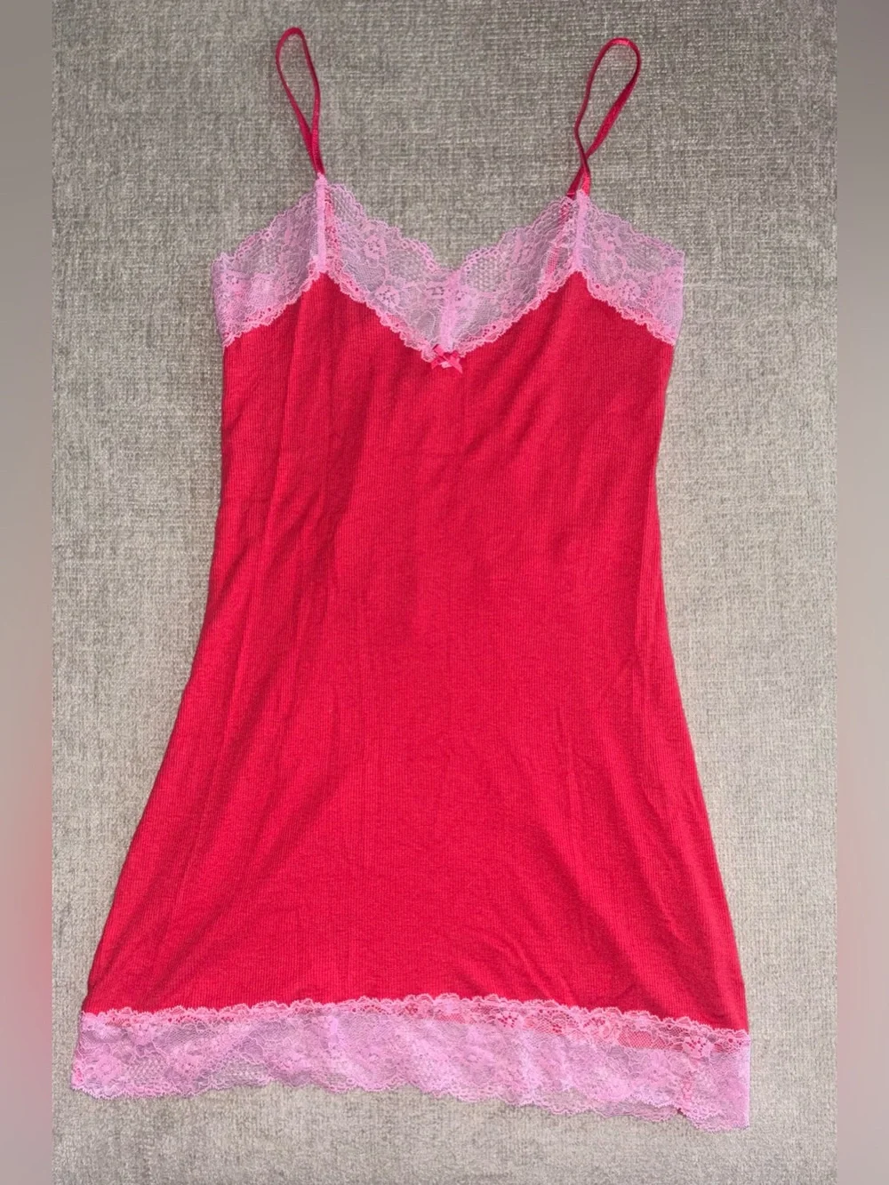 Victoria’s Secret Y2K Pink Lace Slip Dress | Red Ribbed Chemise Nightgown | - Picture 1 of 4